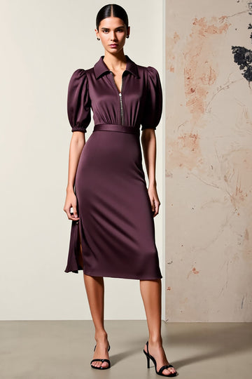 Dark Red Sheath Satin Puff Sleeve Wedding Guest Dress